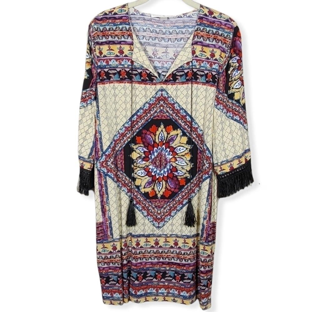 Boston Proper Tasseled Fringed Boho Coverup Mini Dress Size Medium